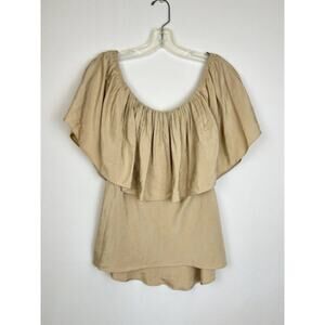 Zara Blouse Women XS Khaki Ruffle Elasticized Straight Neck Off-The-Shoulder Top